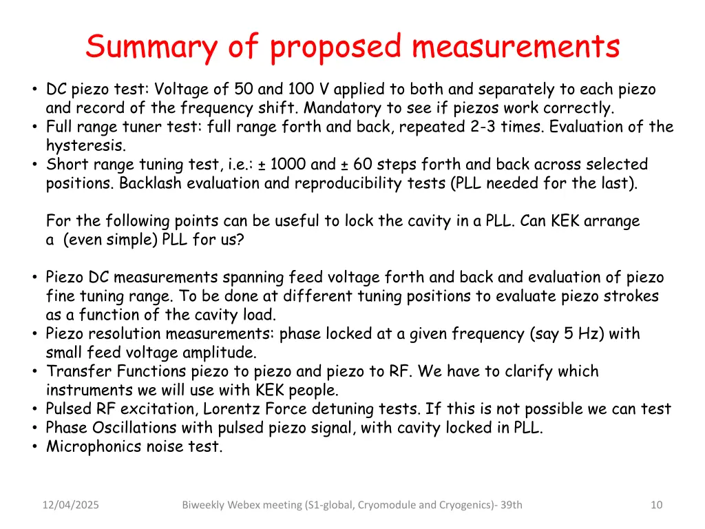 summary of proposed measurements