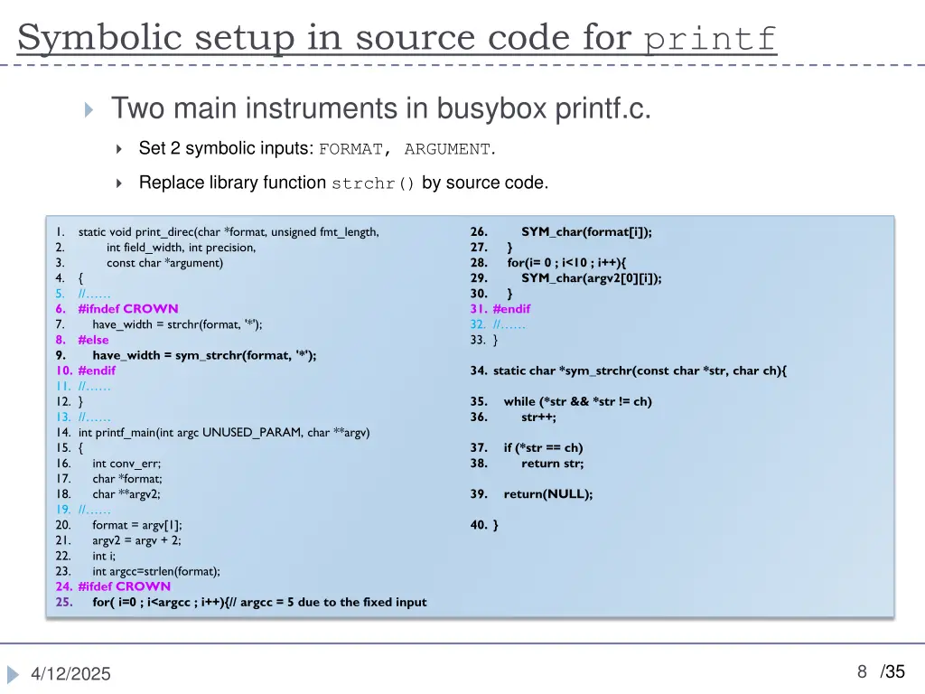 symbolic setup in source code for printf
