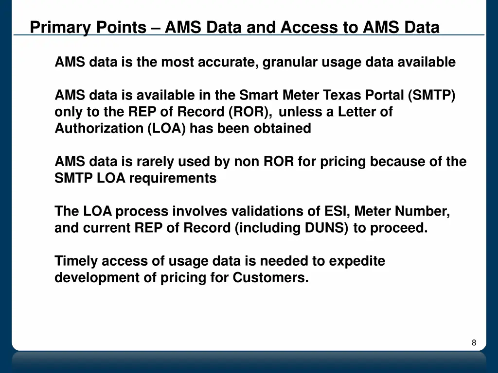 primary points ams data and access to ams data