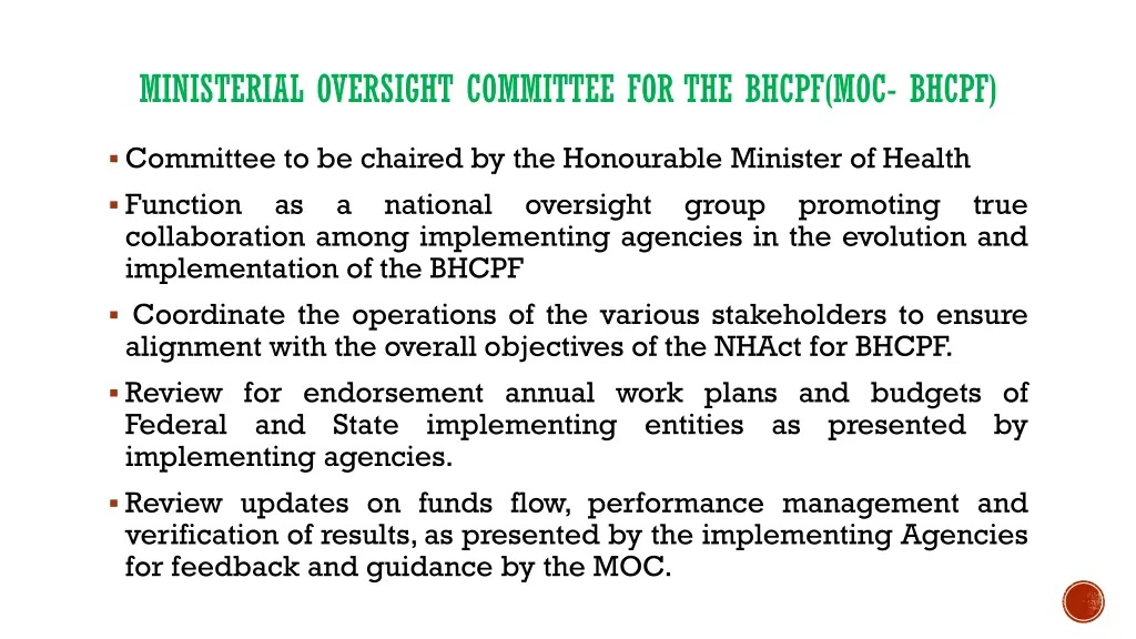 ministerial oversight committee for the bhcpf