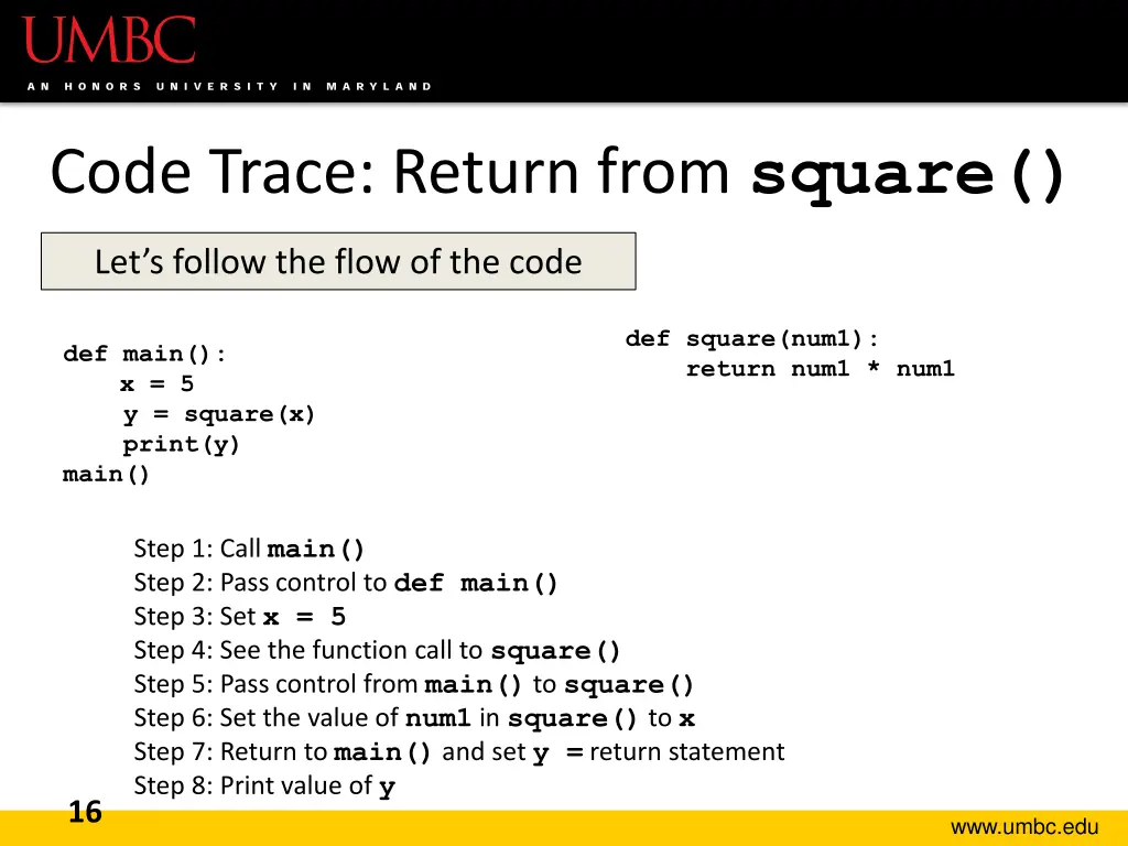 code trace return from square 1