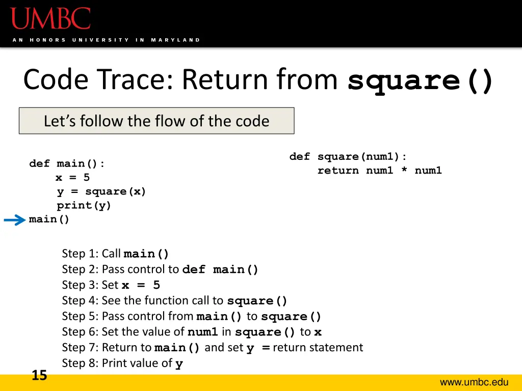 code trace return from square