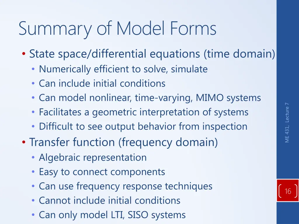 summary of model forms state space differential