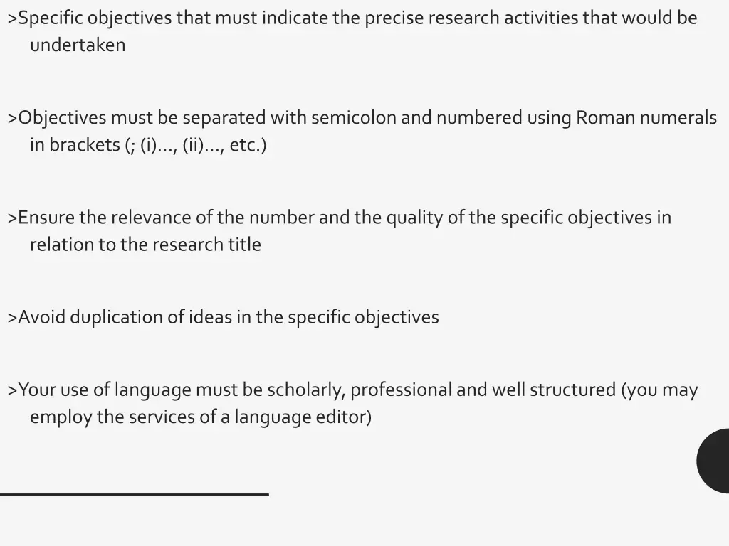 specific objectives that must indicate