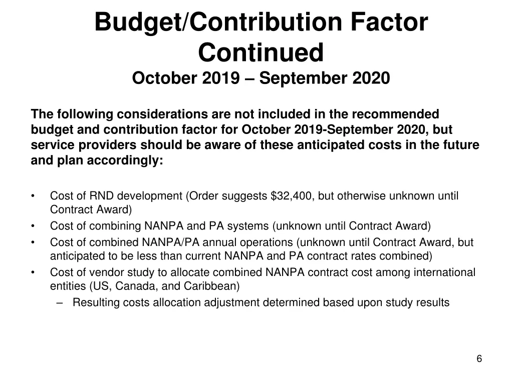 budget contribution factor continued october 2019