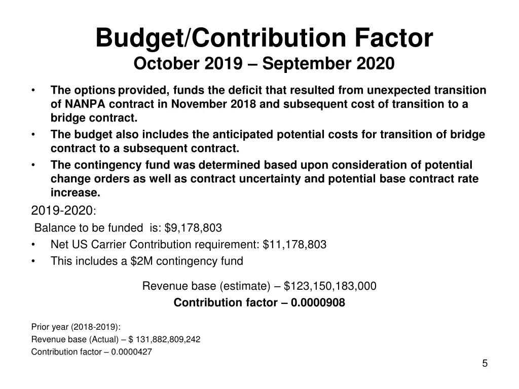 budget contribution factor october 2019 september