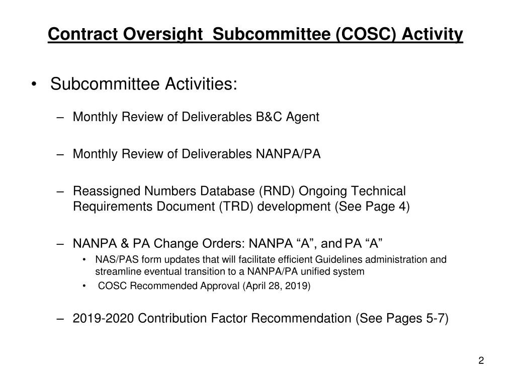 contract oversight subcommittee cosc activity