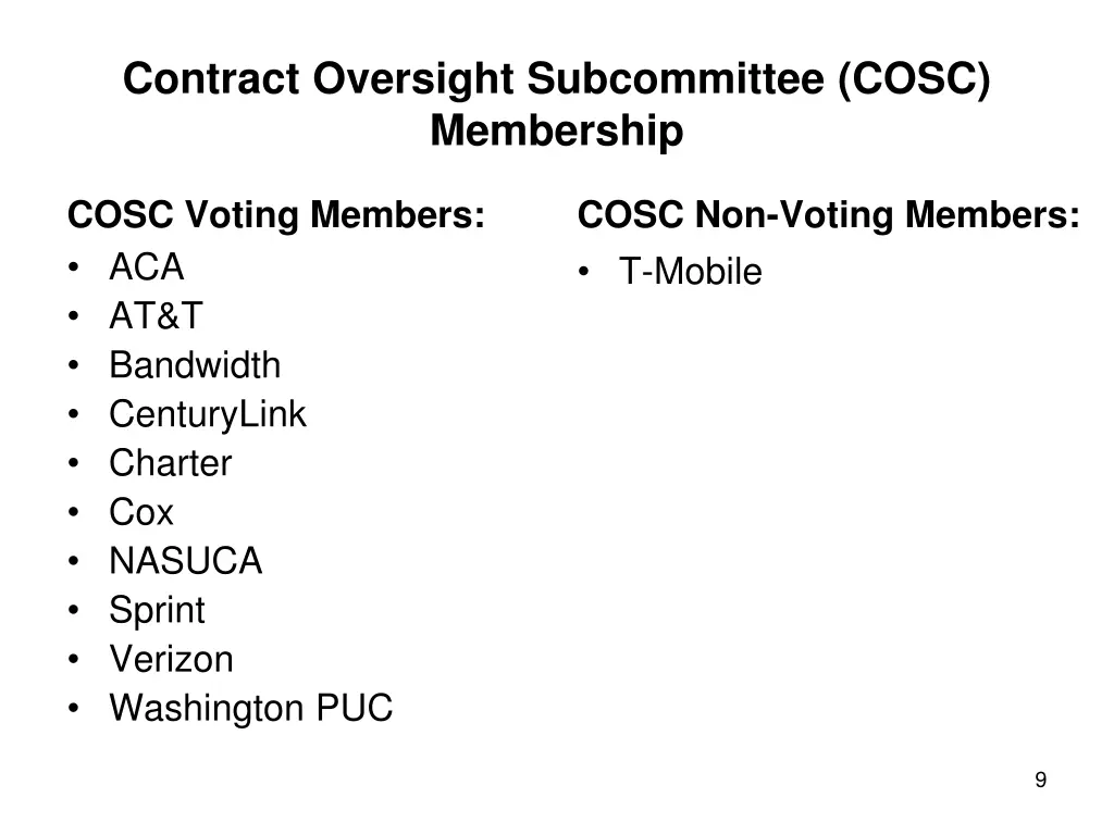 contract oversight subcommittee cosc membership