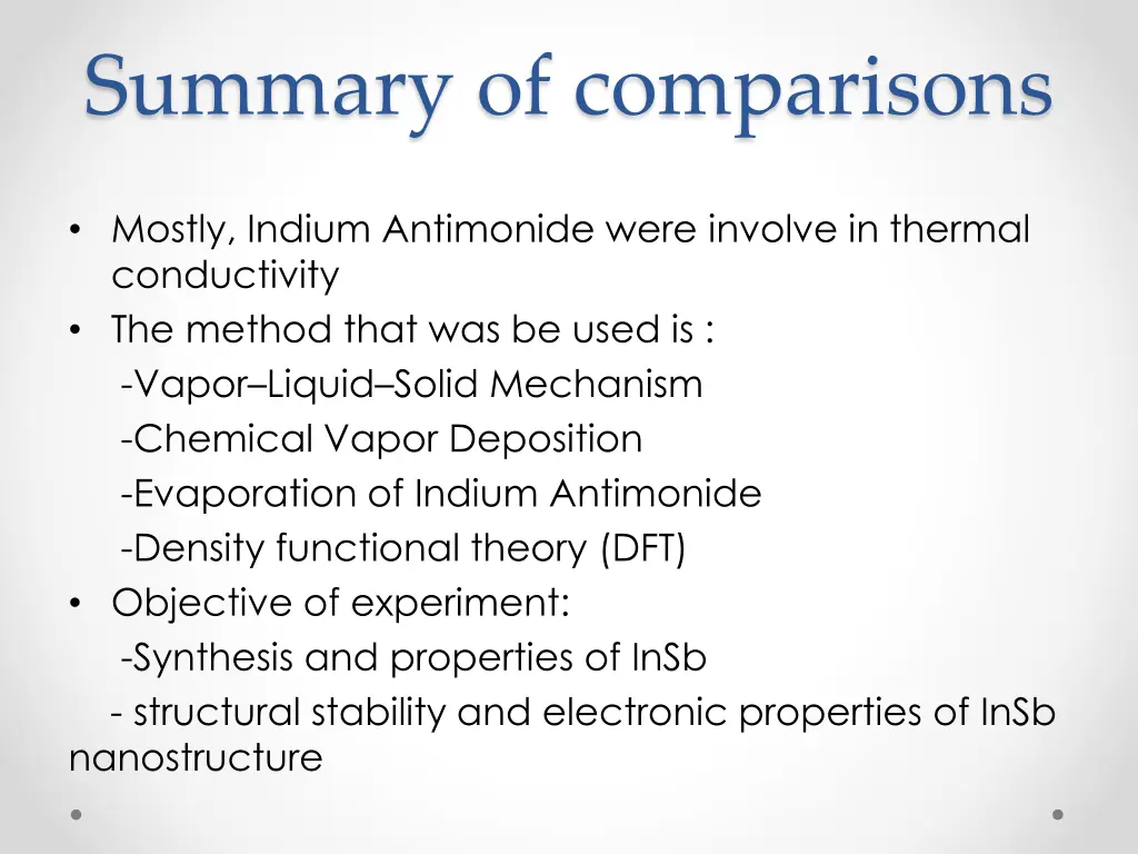summary of comparisons