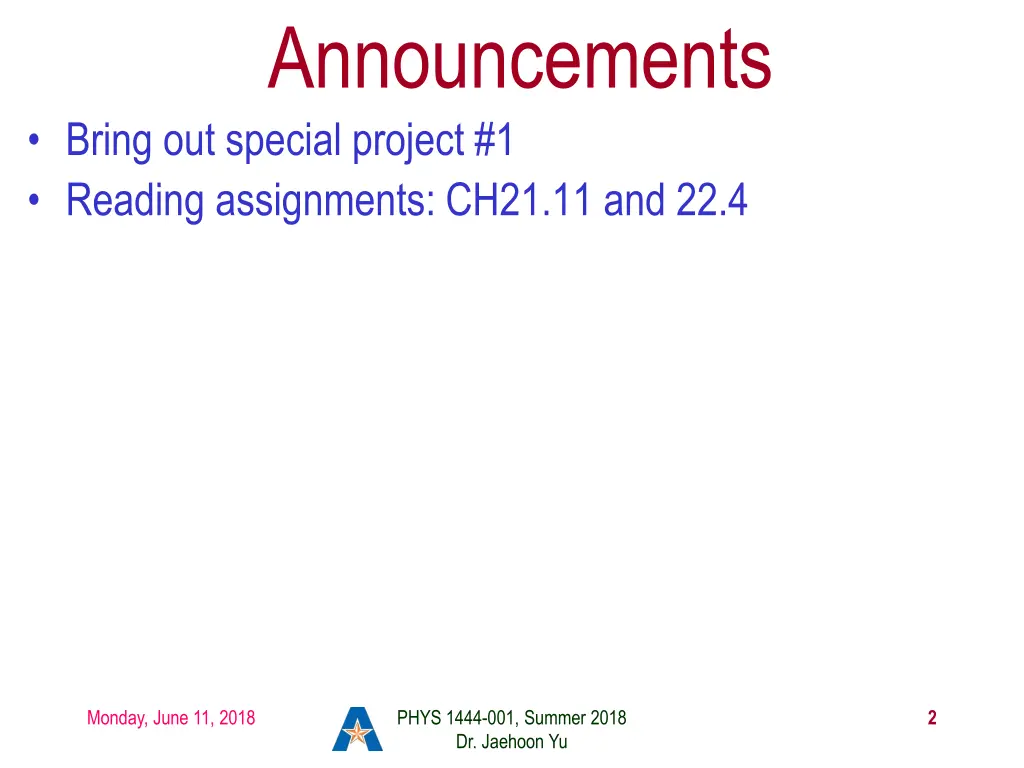 announcements bring out special project 1 reading