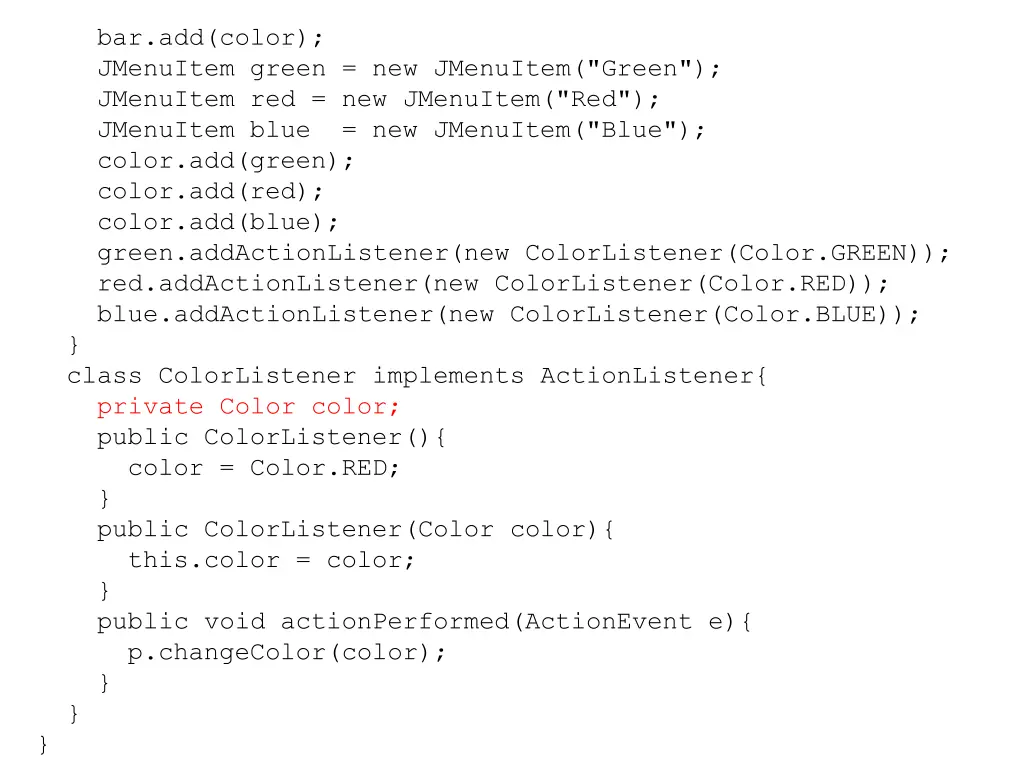 bar add color jmenuitem green new jmenuitem green