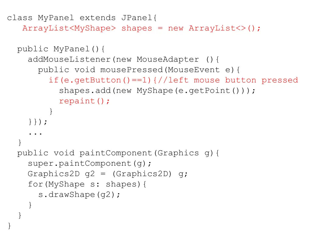 class mypanel extends jpanel arraylist myshape