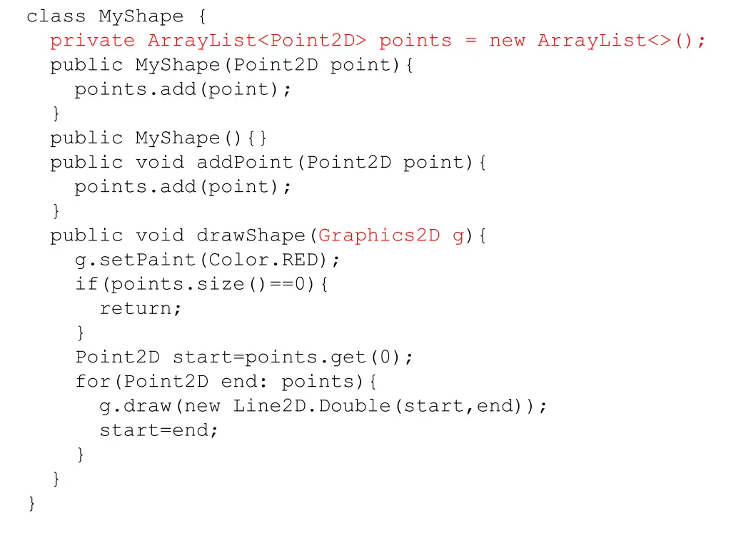 class myshape private arraylist point2d points