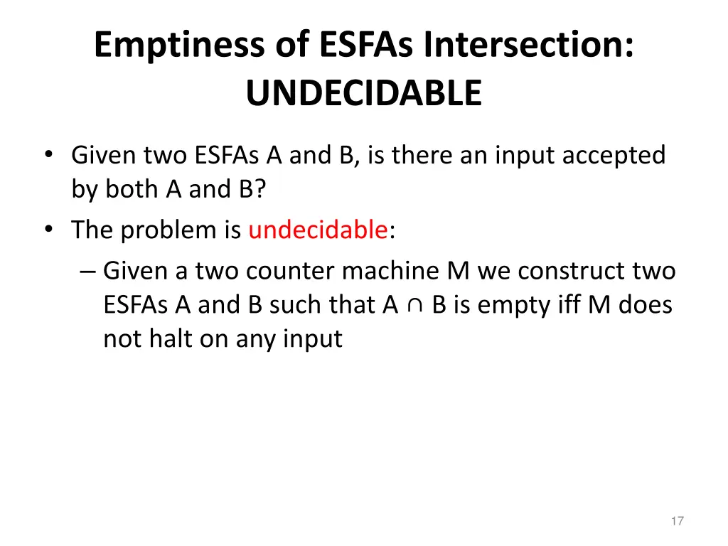 emptiness of esfas intersection undecidable