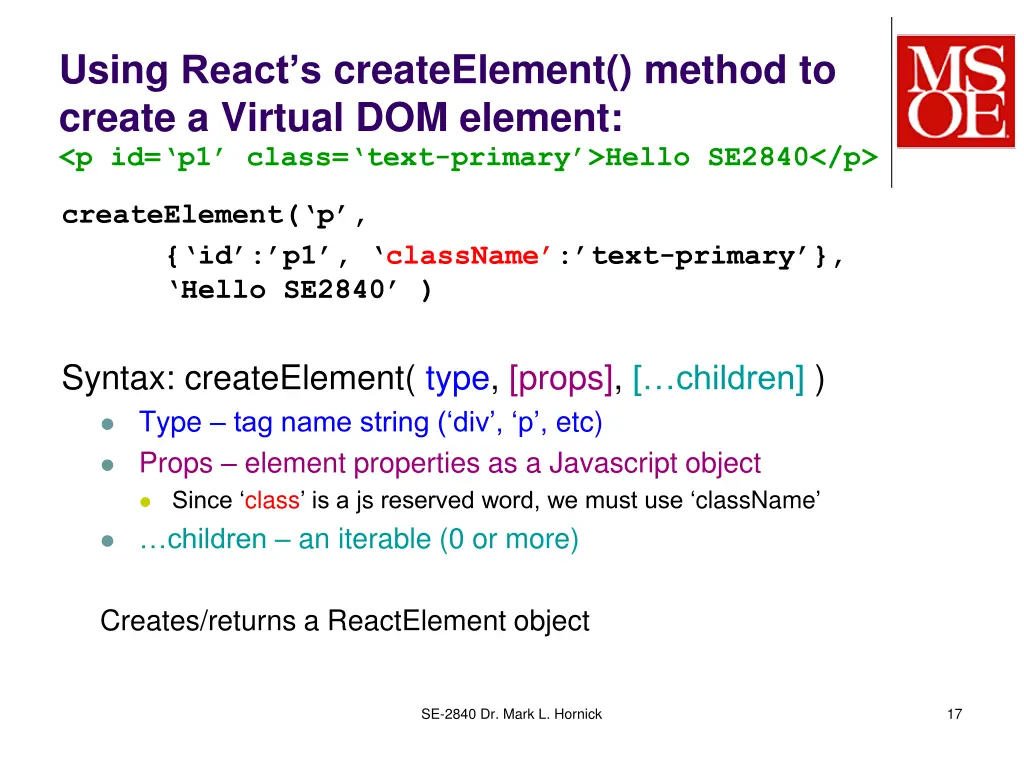 using react s createelement method to create