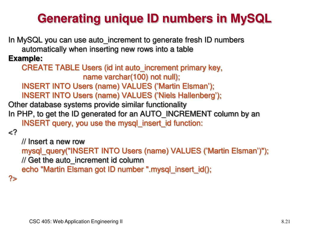 generating unique id numbers in mysql