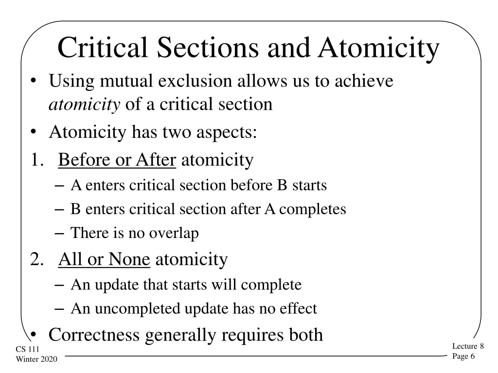 critical sections and atomicity using mutual