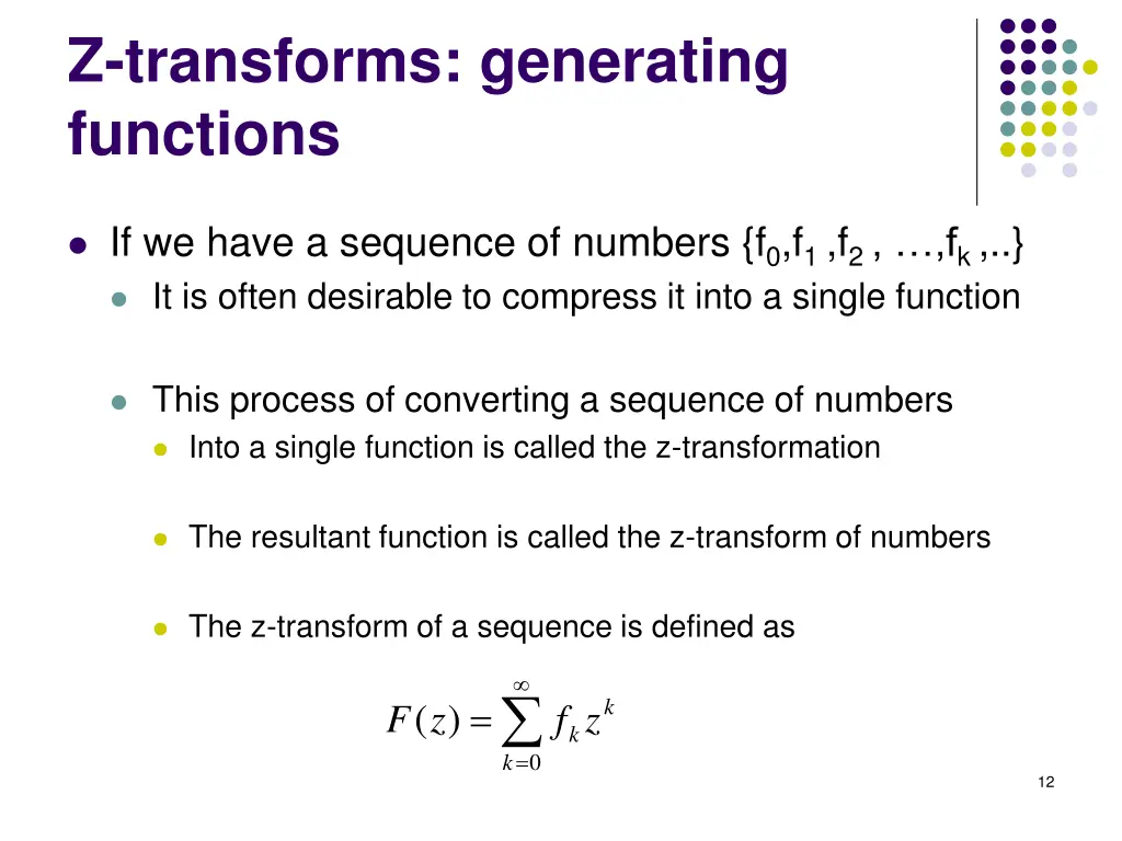 z transforms generating functions