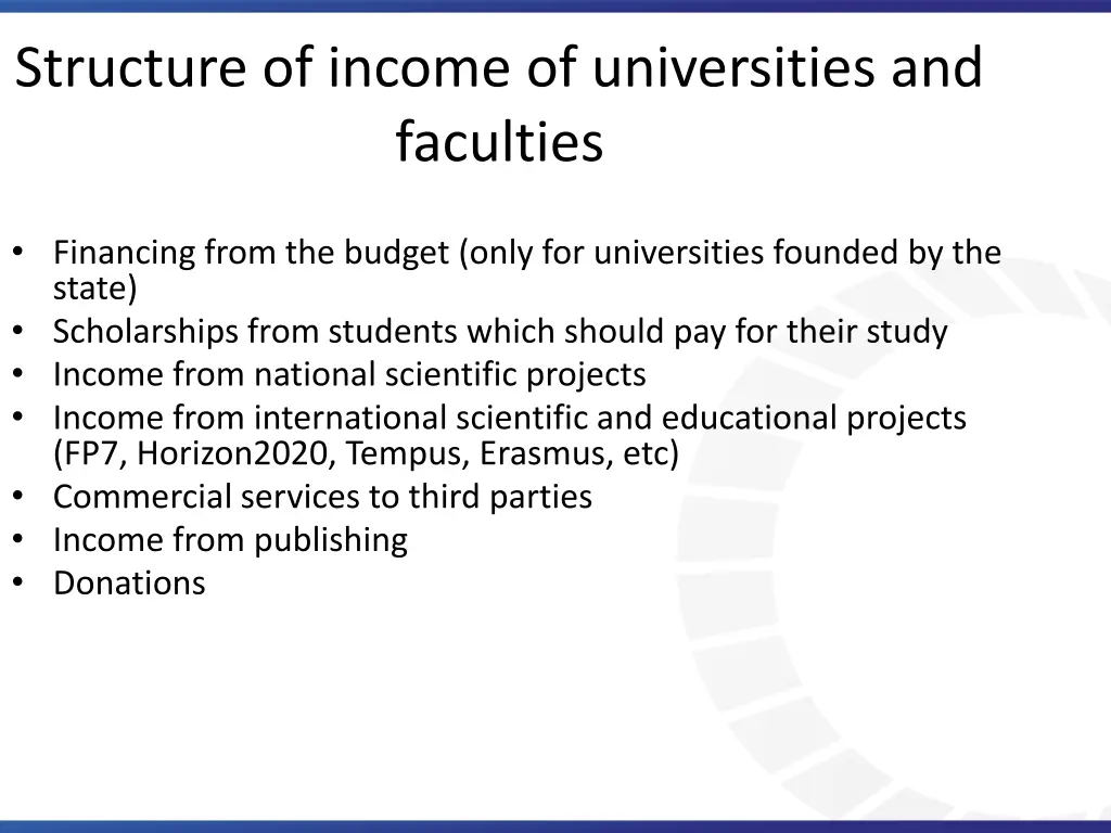 structure of income of universities and faculties