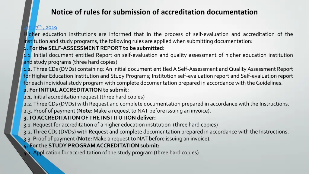 notice of rules for submission of accreditation