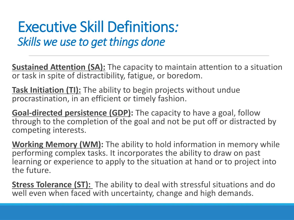executive skill definitions executive skill