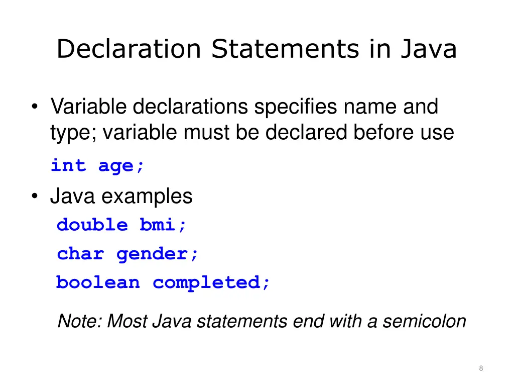 declaration statements in java