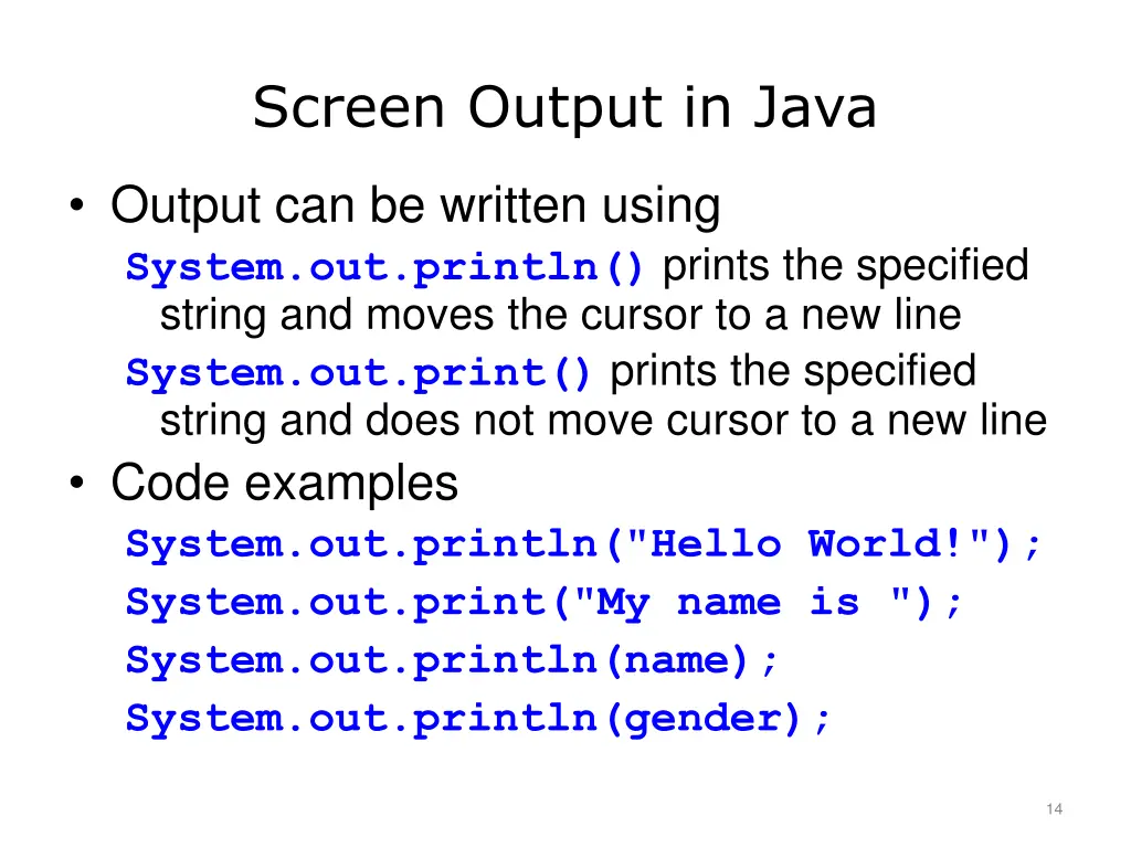 screen output in java