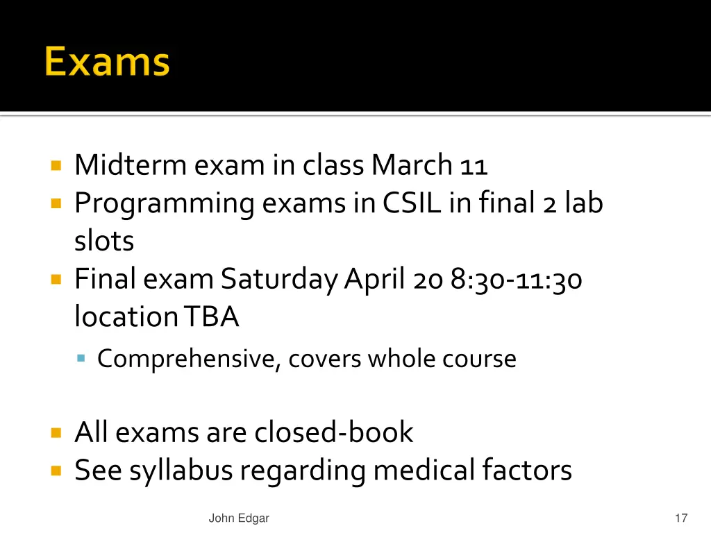 midterm exam in class march 11 programming exams