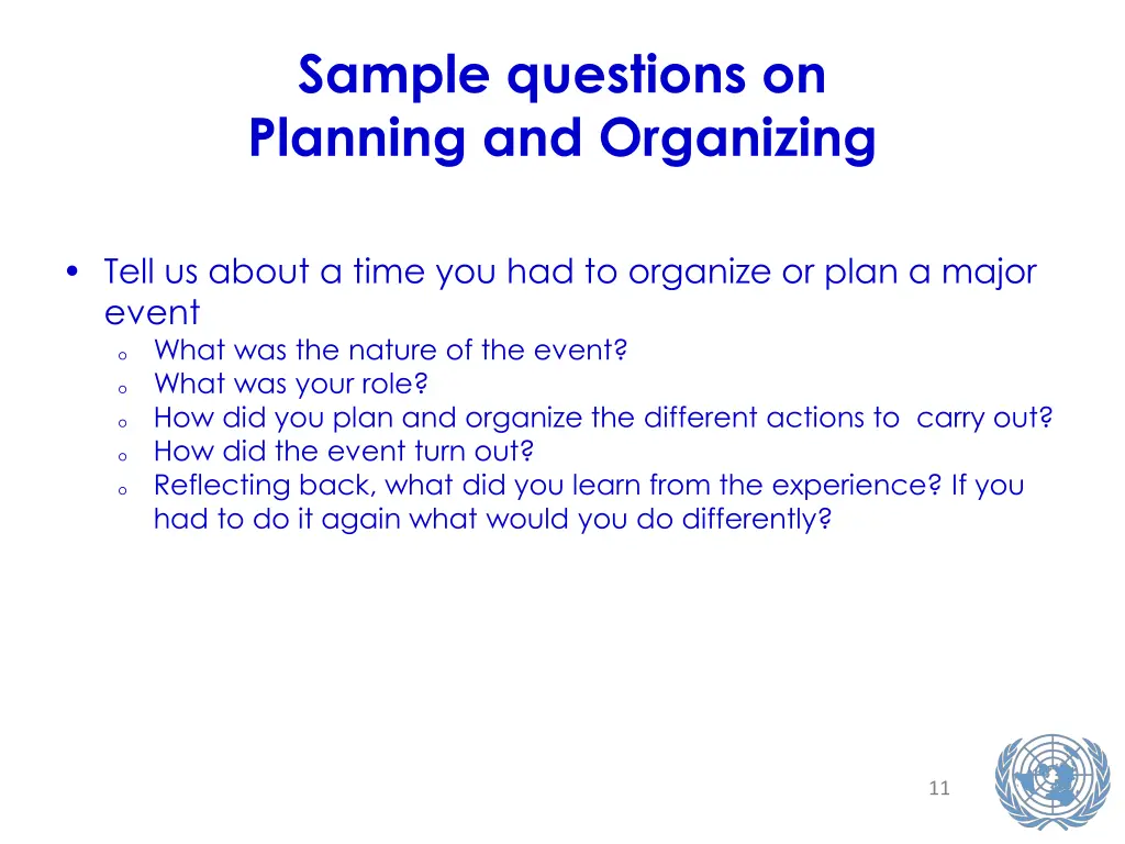 sample questions on planning and organizing