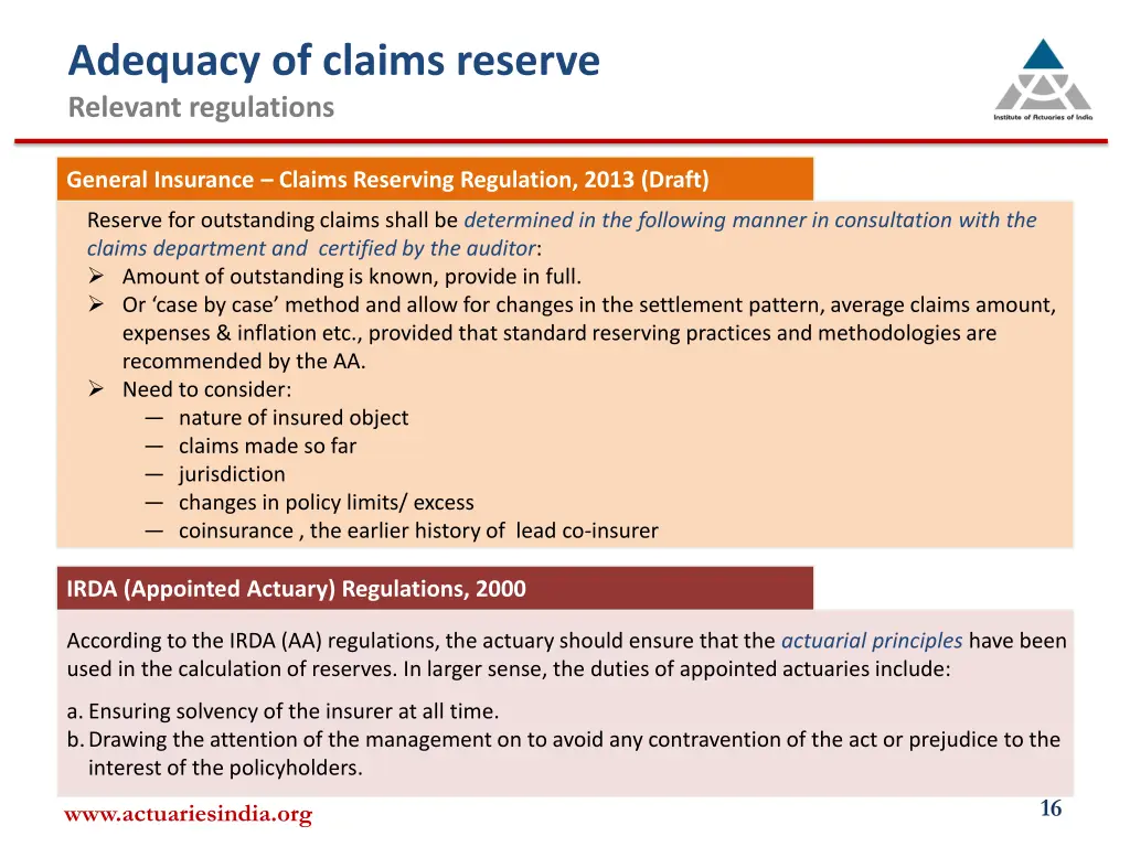 adequacy of claims reserve relevant regulations