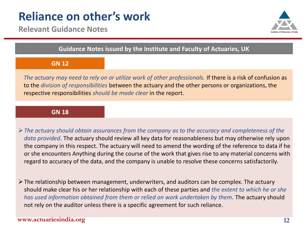 reliance on other s work relevant guidance notes