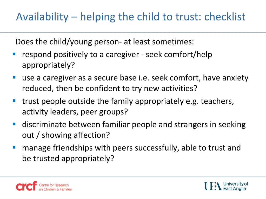 availability helping the child to trust checklist