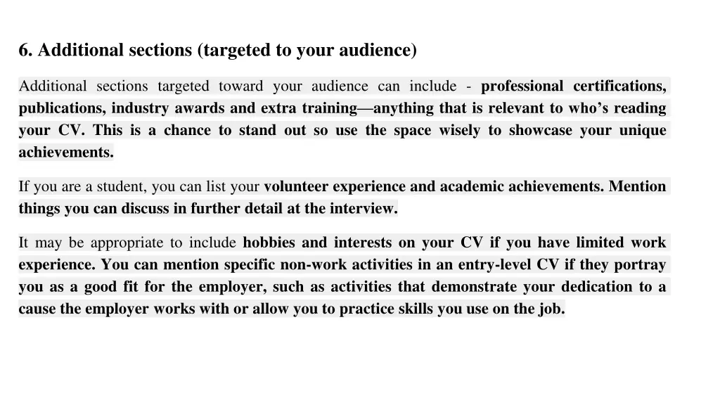 6 additional sections targeted to your audience