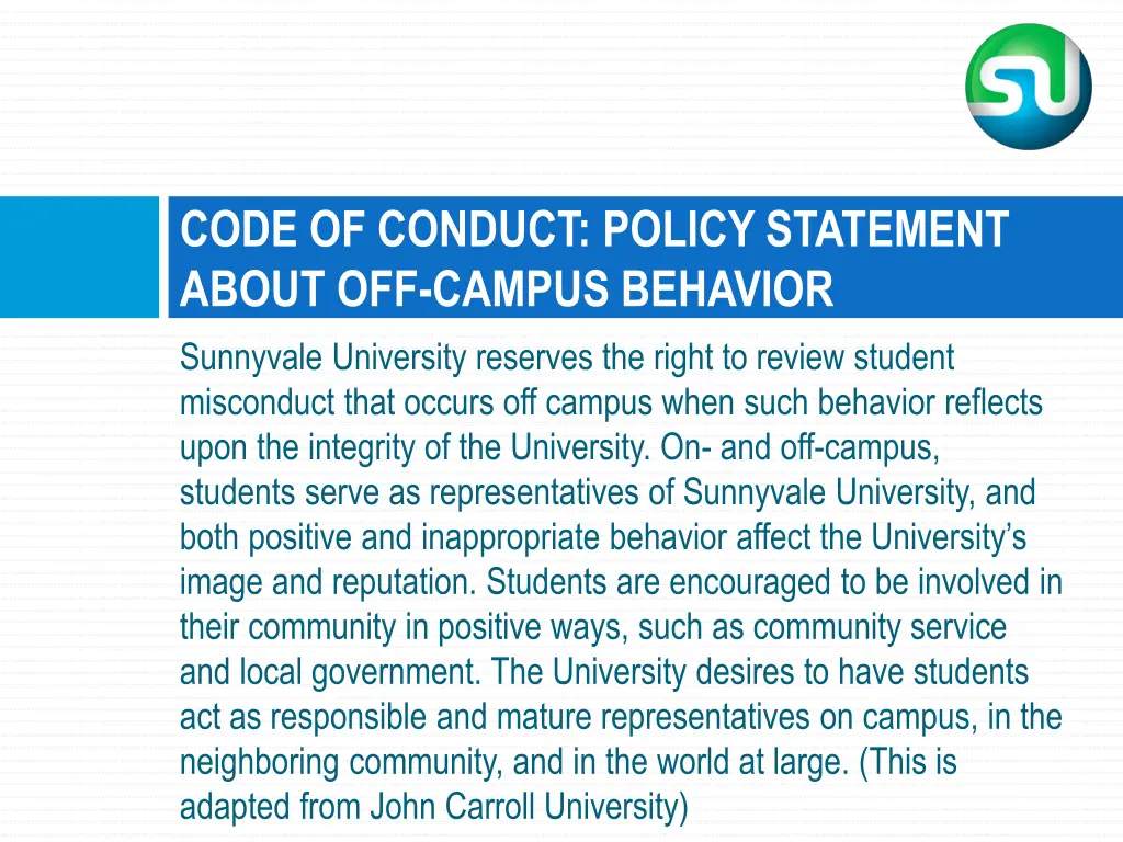 code of conduct policy statement about off campus