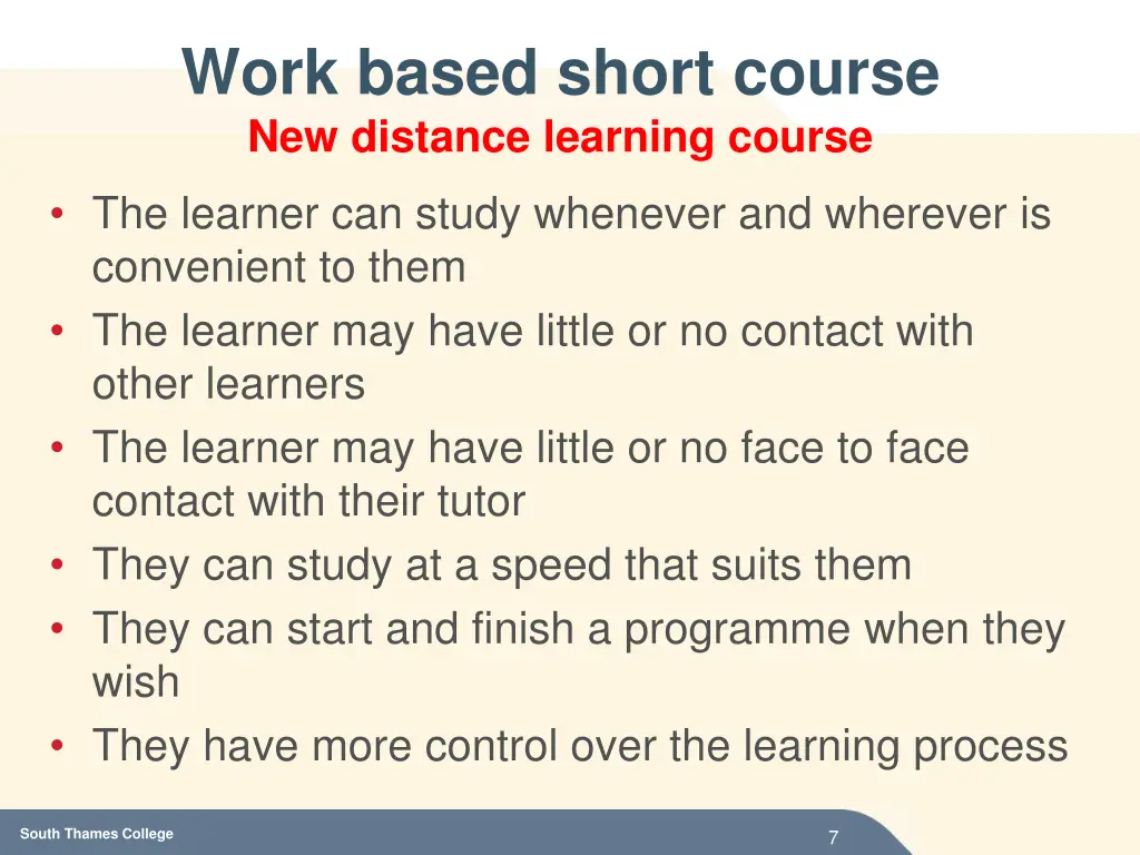 work based short course new distance learning