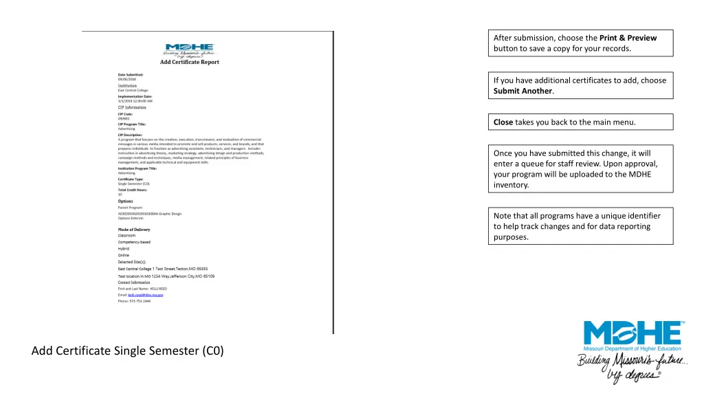 after submission choose the print preview button