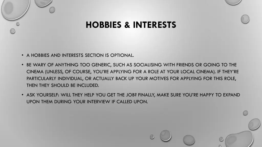 hobbies interests