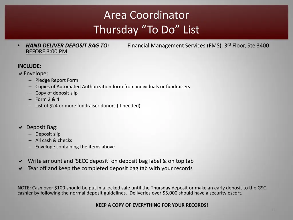 area coordinator thursday to do list