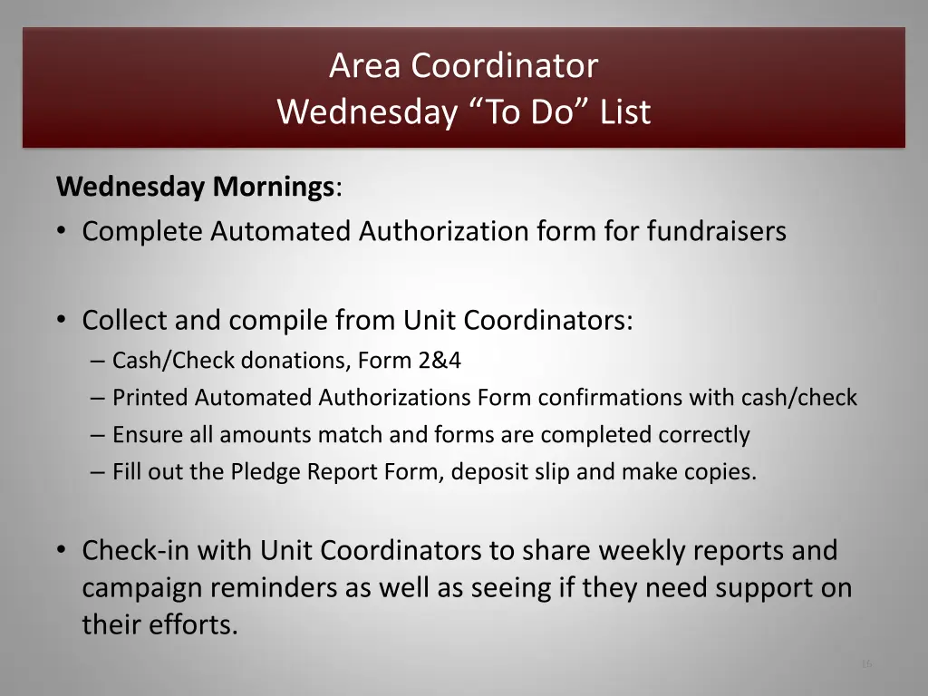 area coordinator wednesday to do list