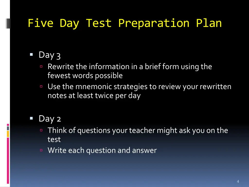 five day test preparation plan 1
