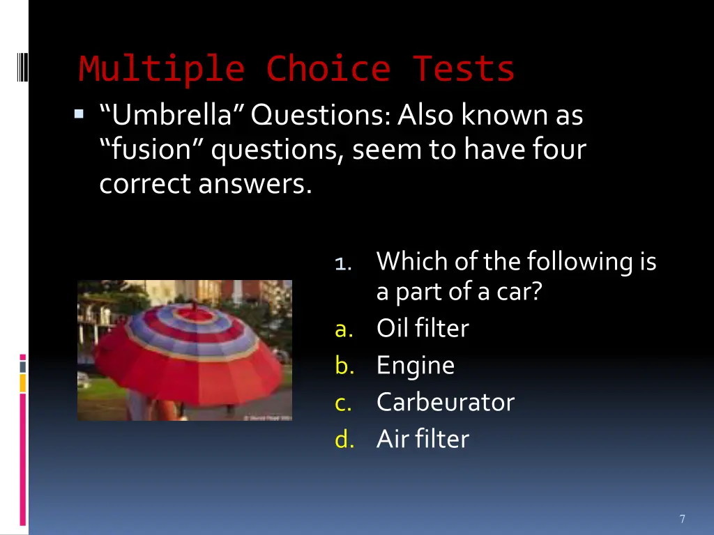 multiple choice tests umbrella questions also