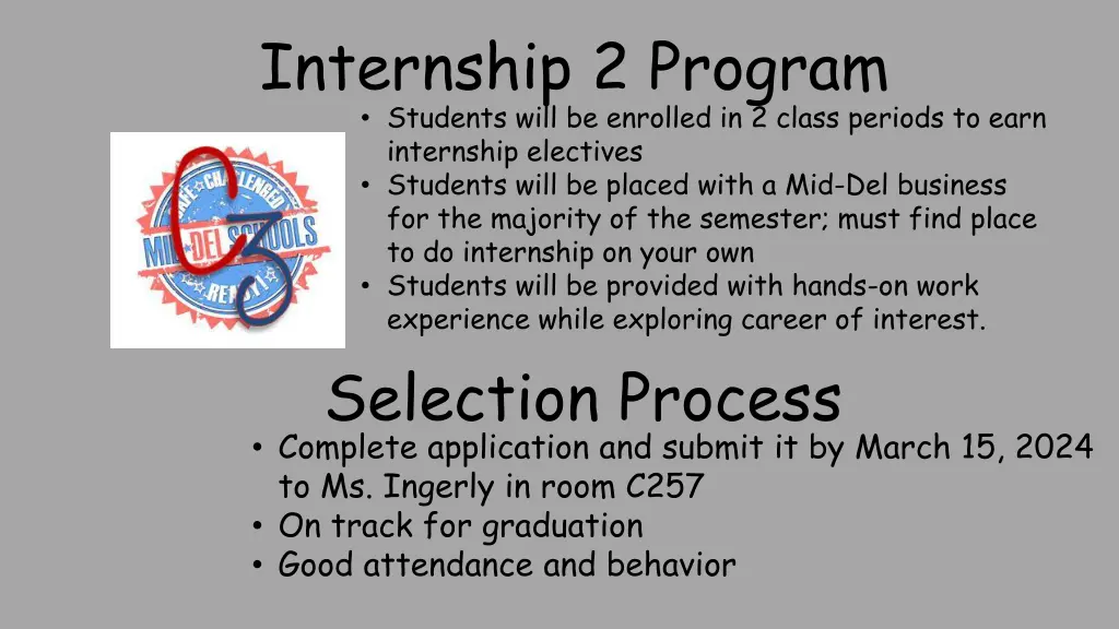 internship 2 program students will be enrolled