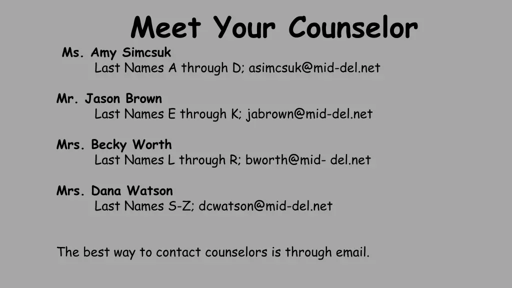 meet your counselor ms amy simcsuk last names