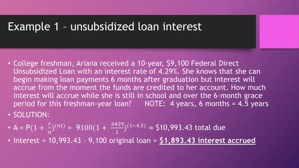 example 1 unsubsidized loan interest