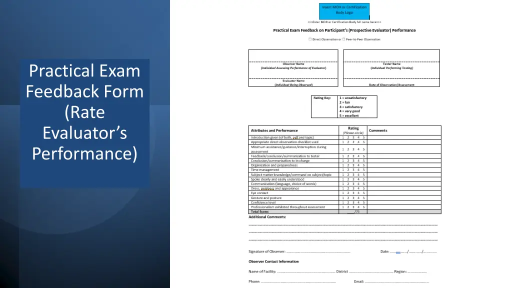 practical exam feedback form rate evaluator