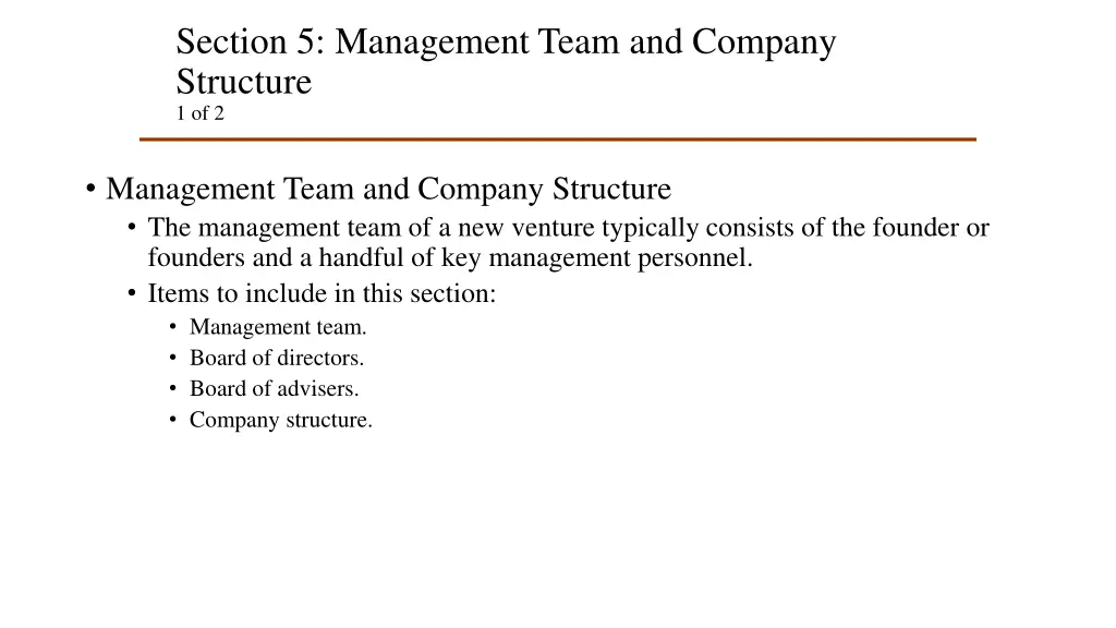 section 5 management team and company structure