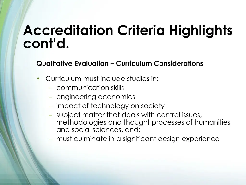 accreditation criteria highlights cont d 1