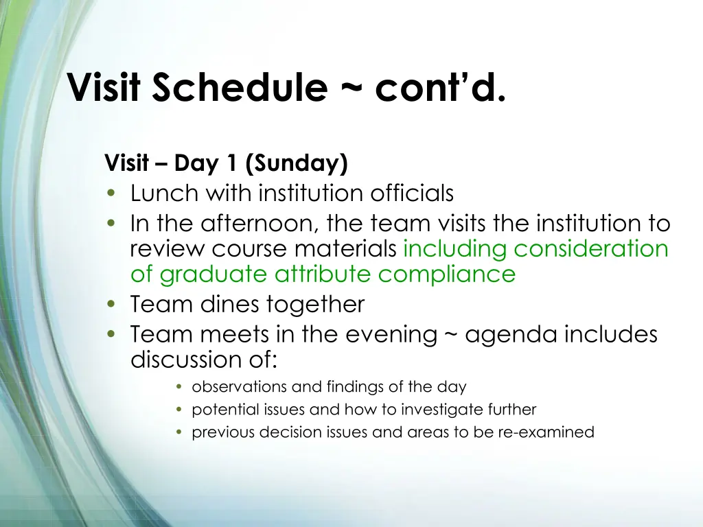 visit schedule cont d