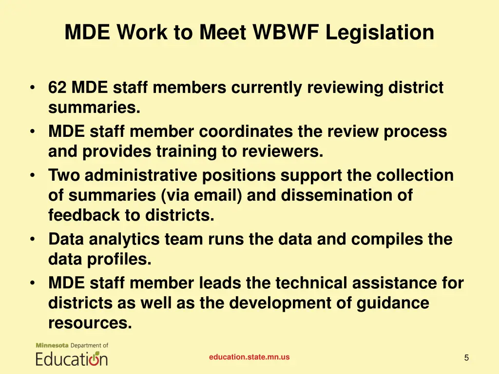 mde work to meet wbwf legislation