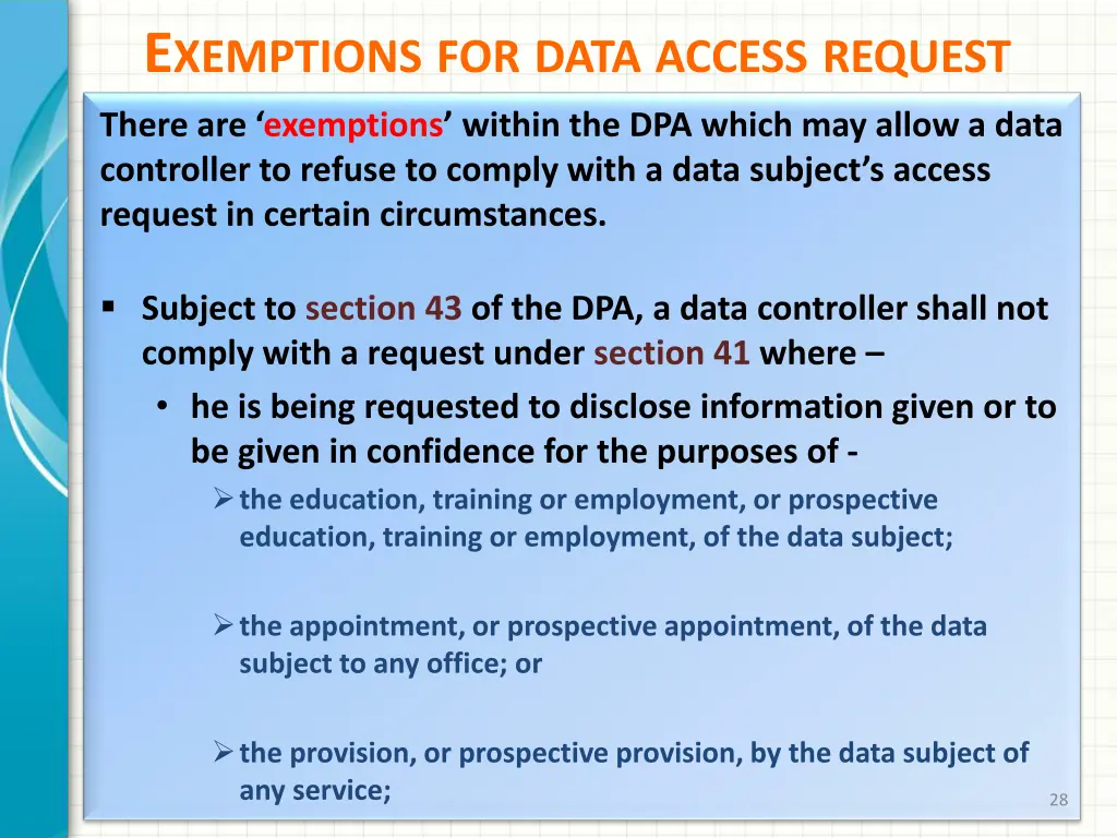 e xemptions for data access request